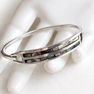 Vintage Taxco Mexico 925 Sterling Silver Abalone Bangle Eagle Mark